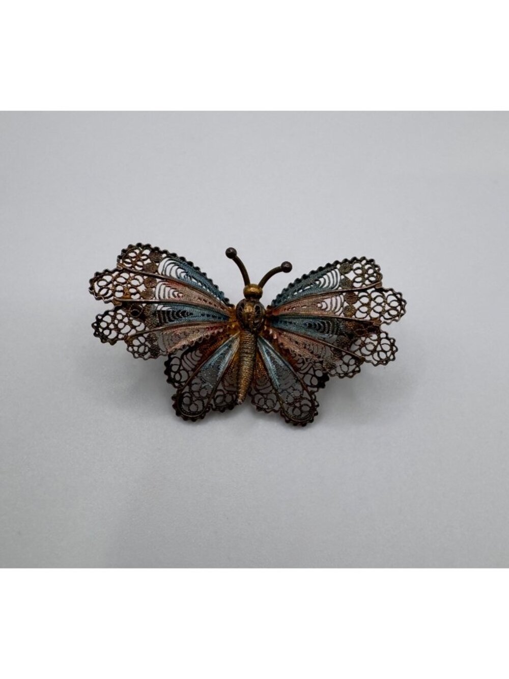 Vintage 800 Silver Filigree Butterfly Brooch Gold Wash Enamel Plique A Jour